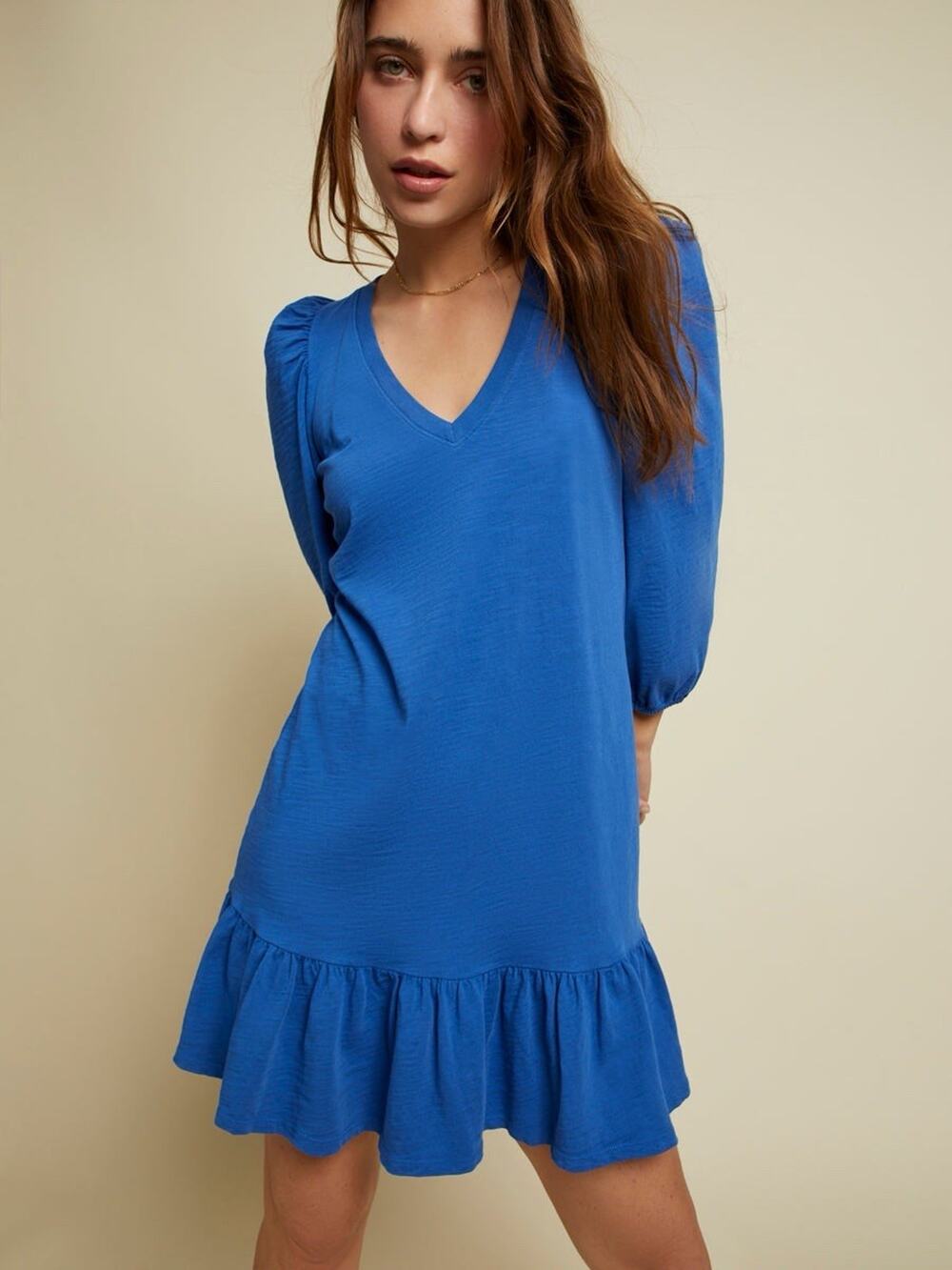 Nation LTD Danika Flounce Dress in Workman Blue Womens M Cotton Slub 3/4 Sleeve